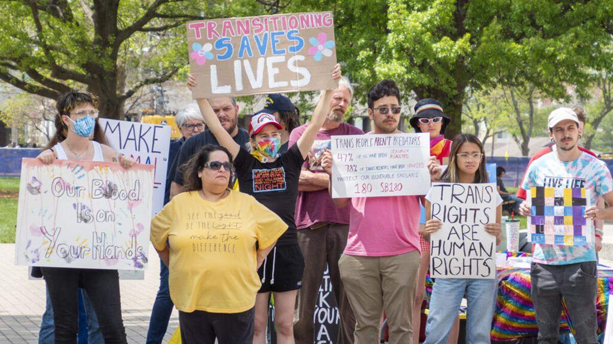 Kansans rally in support of transgender rights May 5, 2023, at the Kansas Statehouse in Topeka.