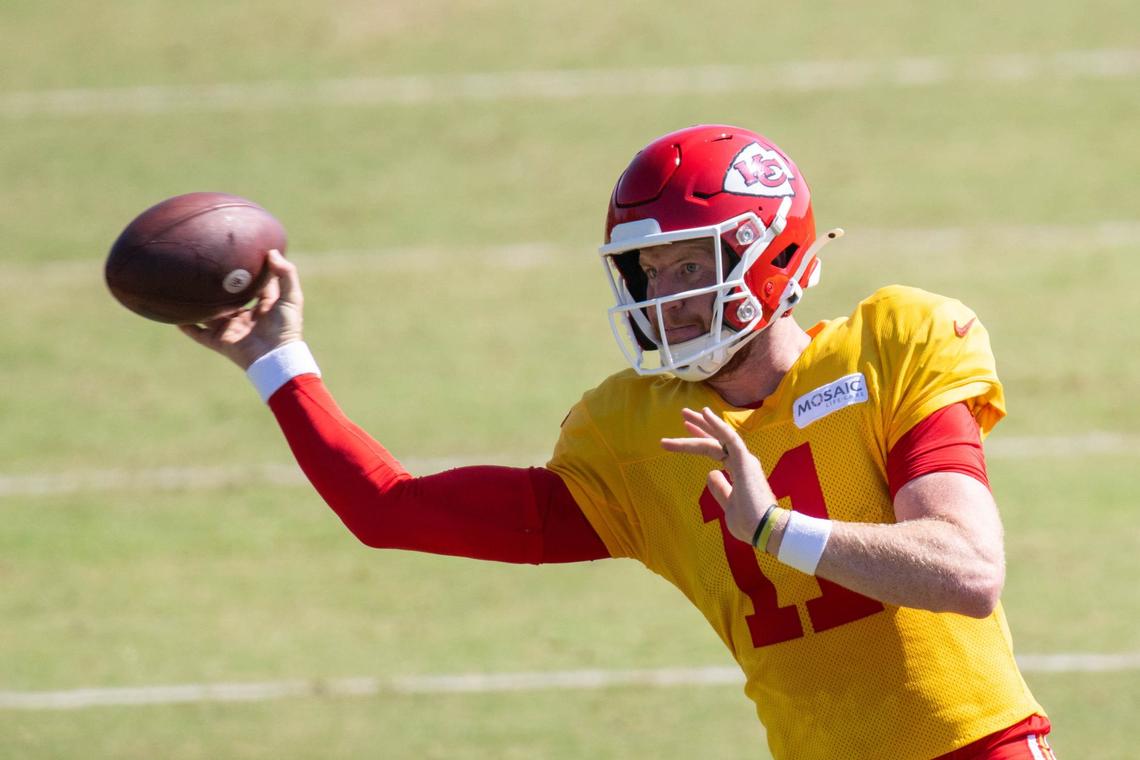 Kansas City Chiefs quarterback Carson Wentz (11) throws a pass during training camp on Friday, Aug. 2, 2024, in St. Joseph.