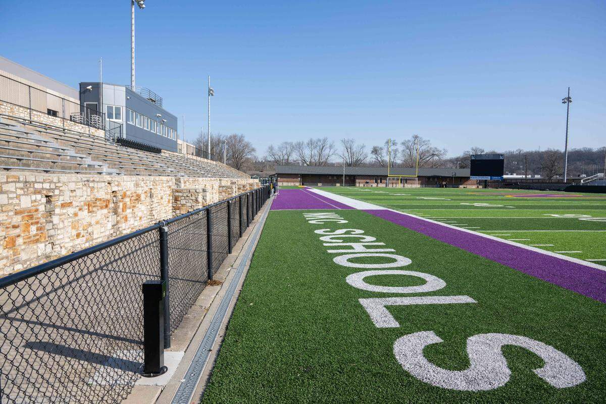 The football field North Kansas City High School features the original limestone bleachers, on Wednesday, March 25, 2026, in North Kansas City. “Northtown” is celebrating 100 years of service to the community this year.