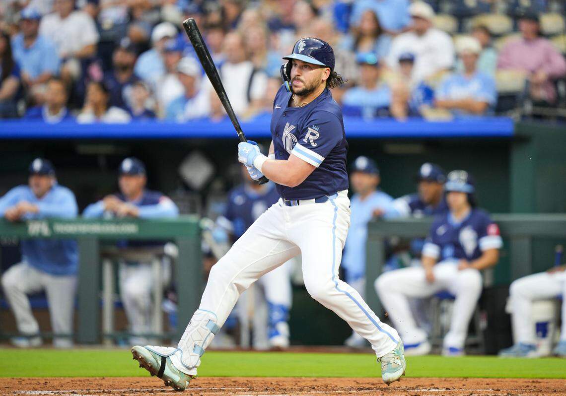 Royals first baseman Vinnie Pasquantino raps a first-inning RBI double against the Toronto Blue Jays at Kauffman Stadium in Kansas City on Friday, Sept. 19, 2025.