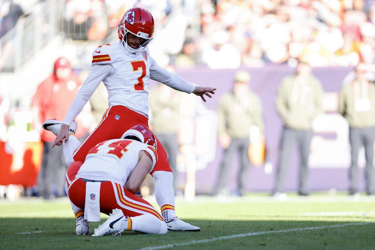 Kansas City Chiefs placekicker Harrison Butker makes one of his two first-half field goals against the Broncos during an NFL Week 11 game at Empower Field At Mile High in Denver on Sunday, Nov. 16, 2025.