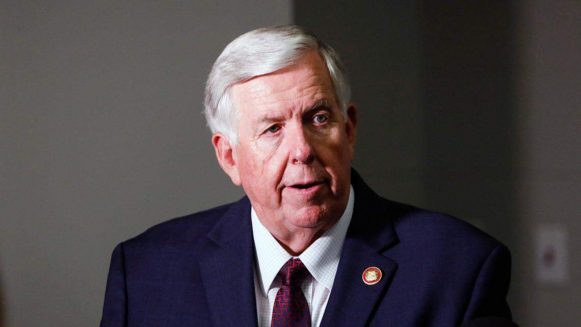 Missouri Governor Mike Parson speaks to the media after the Springfield Area Chamber of Commerce State of the State Address at Great Southern Bank Arena on Thursday, July 27, 2023.