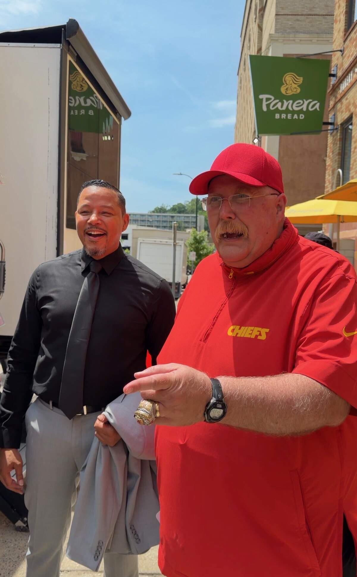 “Iron Man” star Terrence Howard met Kansas City’s Andy Reid impersonator Matt Black - aka Almost Andy Reid - on the Country Club Plaza Wednesday. Howard is in town shooting scenes for a new movie.
