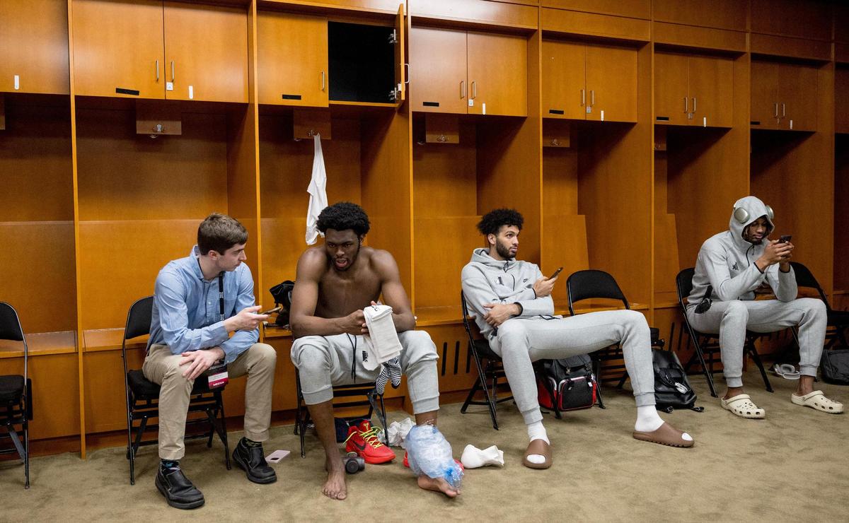 The team locker rooms at T-Mobile center are spartan compared to the home team locker rooms most of the Big 12 universities have back home. On Wednesday, TCU Horned Frogs center Ernest Udeh Jr. spoke with a reporter inside the team locker room after TCU defeated Oklahoma.