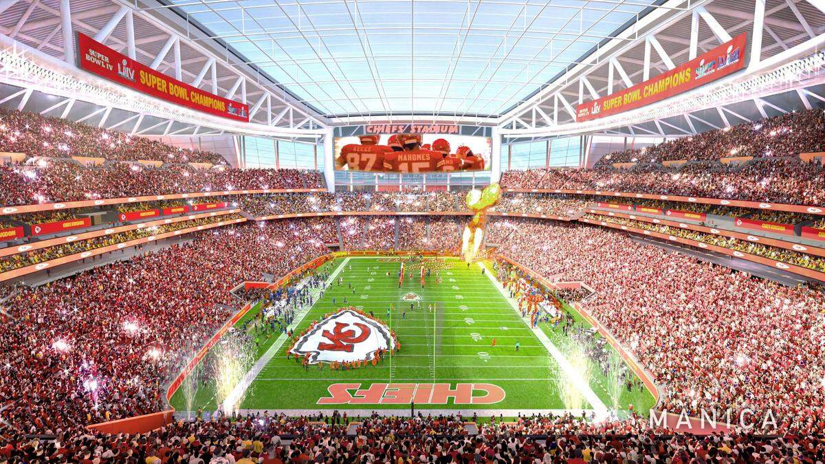 Here’s a rendering showing the concept of what a new domed stadium for the Kansas City Chiefs might look like at the interchange of Interstates 70 and 435 in Kansas City, Kansas.