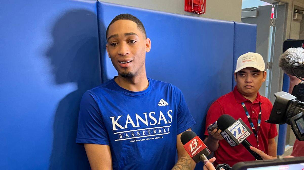 KU point guard Dajuan Harris spoke with media members on Sunday at Bill Self’s camp at Horejsi Center.