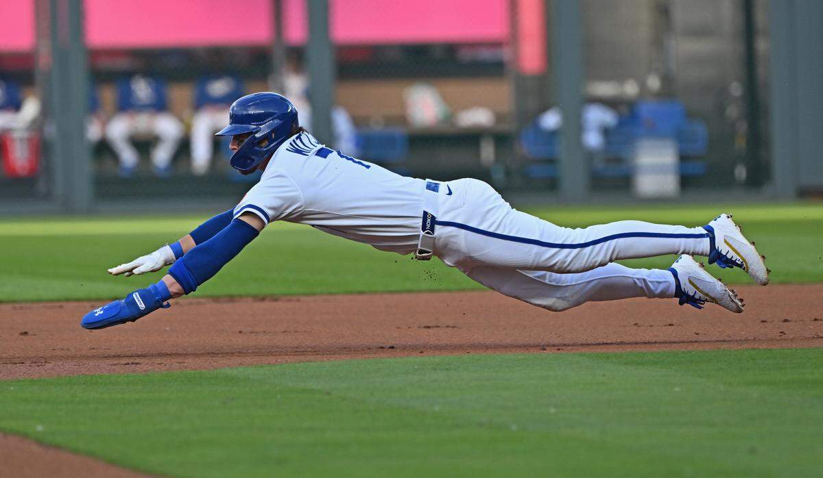 Royals shortstop Bobby Witt Jr. flies into the bag on a steal of second base during the first inning of a Monday, May 5, 2025 Major League Baseball game against the Chicago White Sox at Kauffman Stadium in Kansas City.