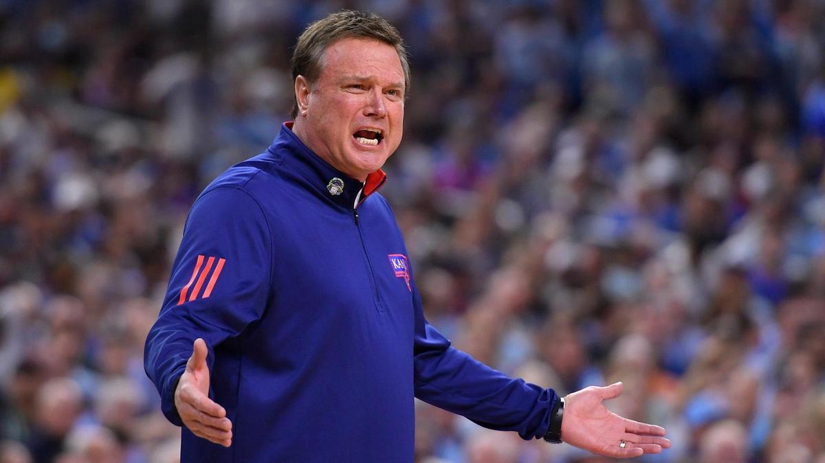 KU coach Bill Self disputes a call during the first half of Monday night’s NCAA Championship game at the Superdome in New Orleans.