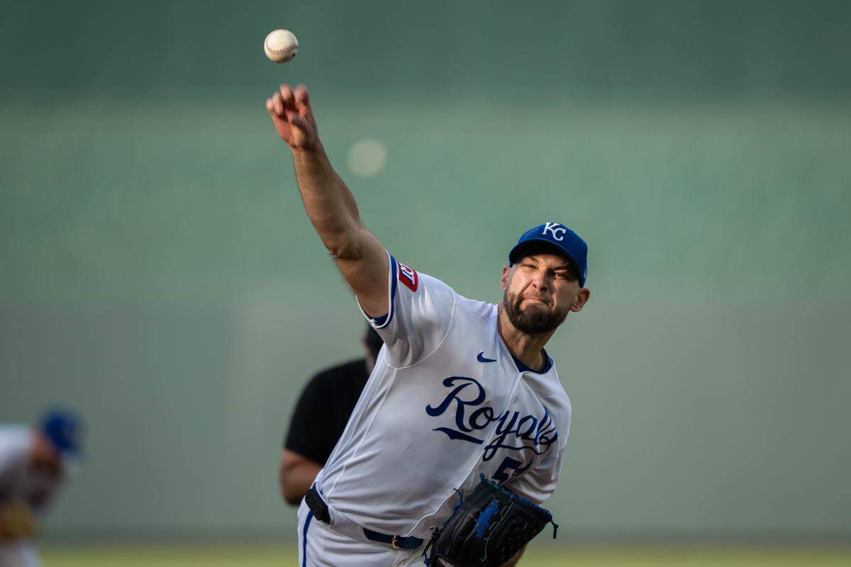 Kansas City Royals pitcher Michael Wacha warms up ahead of a game against the Boston Red Sox on Wednesday, May 20, 2026, at Kauffman Stadium.