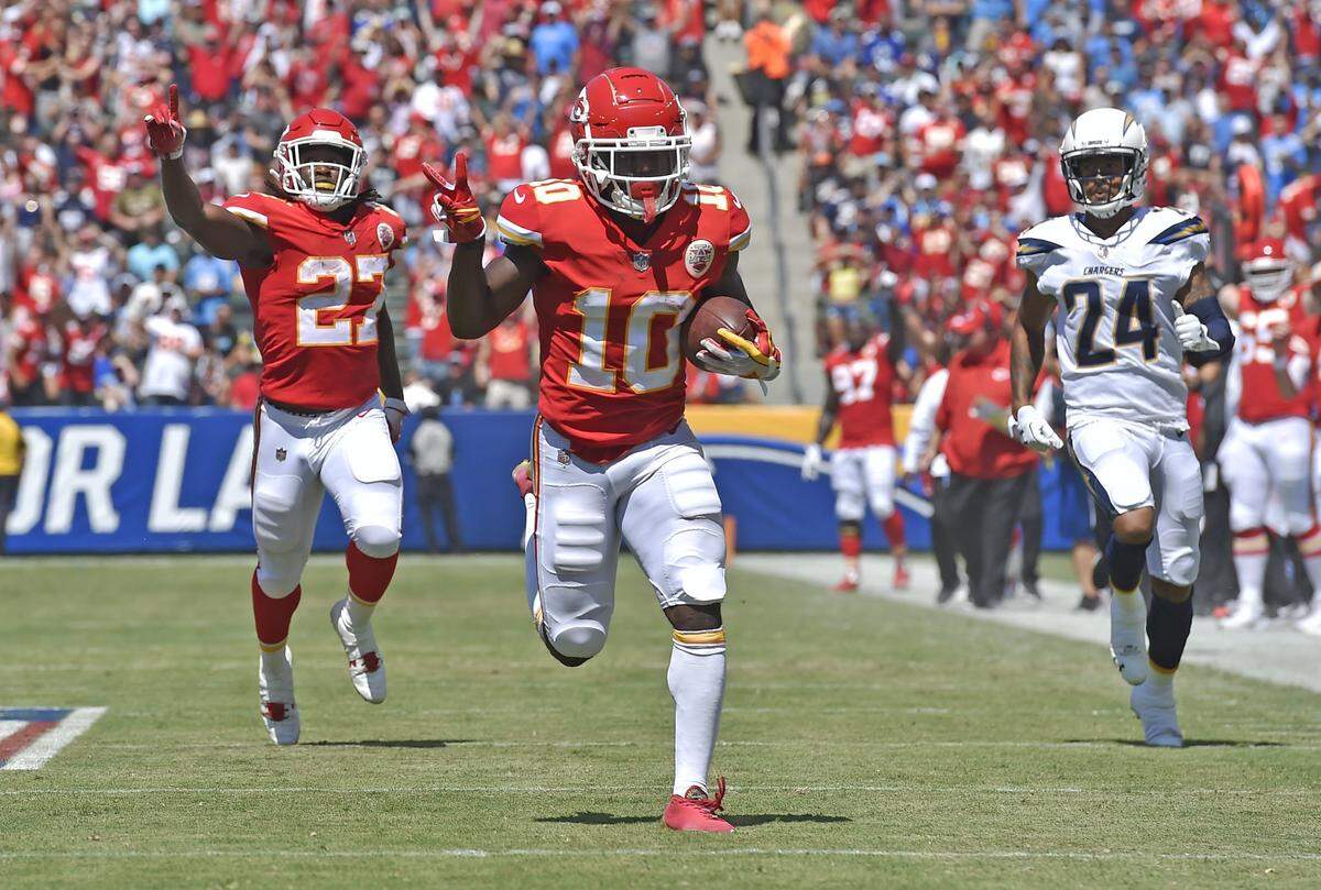 Kansas City Chiefs quarterback Patrick Mahomes’ first regular-season touchdown pass in 2018 was a 58-yard reception to Kansas City Chiefs wide receiver Tyreek Hill in the first quarter against the Chargers at the StubHub Center in Carson, Calif. Hill reminded everyone it was his second touchdown of the day as he headed for the end zone. His first trip to the end zone came on a 91-yard punt return.