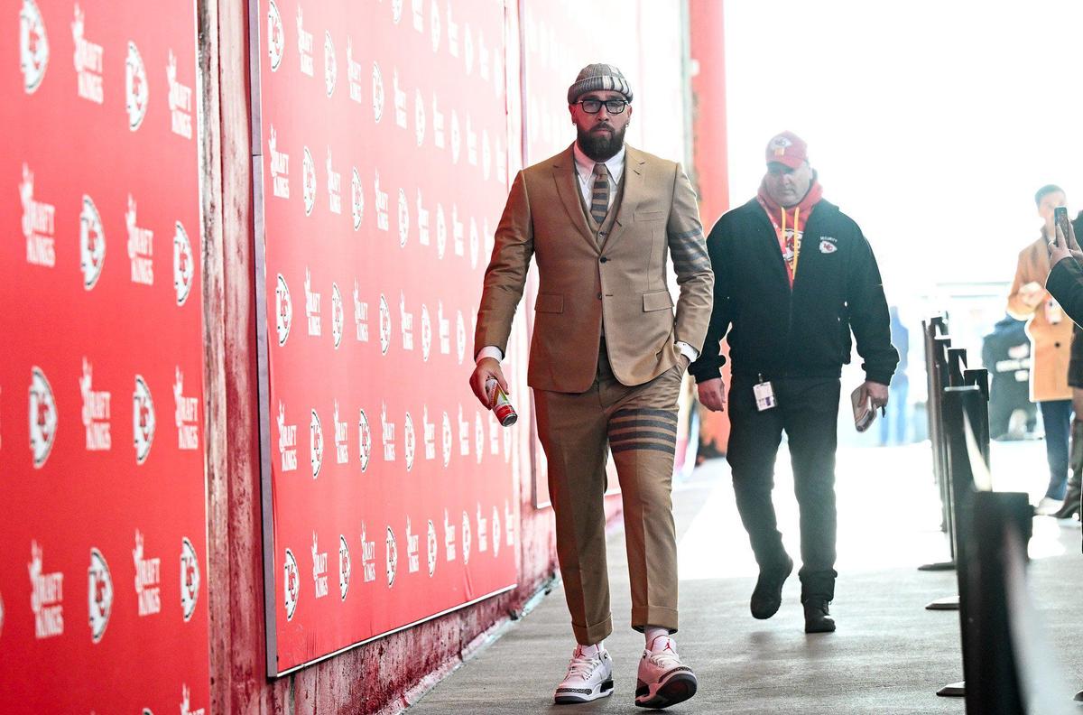 Kansas City Chiefs tight end Travis Kelce arrives before the AFC Championship Game on Sunday, Jan. 26, 2025, at GEHA Field at Arrowhead Stadium.