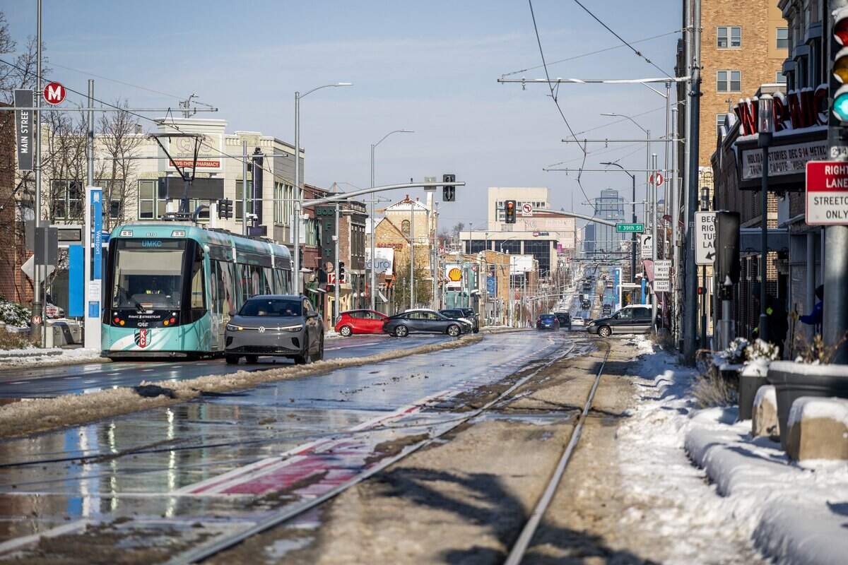 Vehicles travel along Main Street as seen from the Southwell Building on Tuesday, Dec. 2, 2025, in Kansas City.