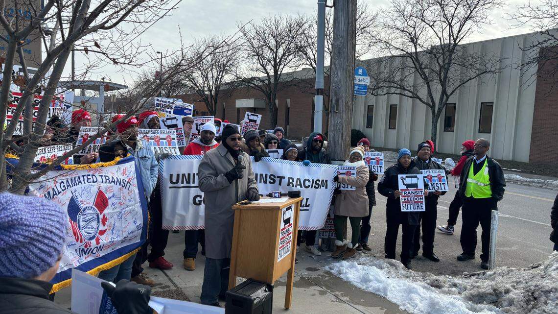 Nic Miller, president and business agent for the union that represents bus drivers speaks at a rally on Wednesday, Jan. 22, 2025, outside the headquarters of the Kansas City Area Transportation Authority.