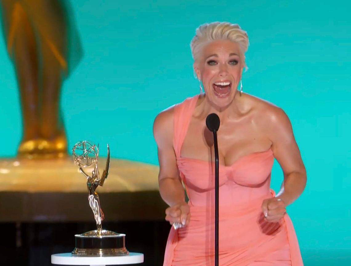 In the first award of the evening, Hannah Waddingham won best supporting actress in a comedy. “Jason, you’ve changed my life with this,” she told “Ted Lasso” creator and star Jason Sudeikis.