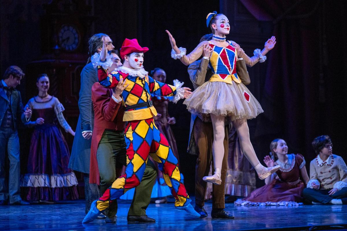 Dancers Isaac Allen, the Harlequin, and Marisa DeEtte Whiteman, the Harlequinade, dance in the Kansas City Ballet’s final dress rehearsal of “The Nutcracker “ at the Kauffman Center for the Performing Arts on Dec. 4, 2024, in Kansas City.