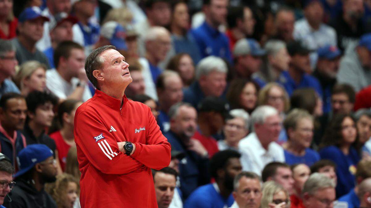 Head coach Bill Self of the Kansas Jayhawks watches from the bench during the game against the Green Bay Phoenix at Allen Fieldhouse on November 3, 2025 in Lawrence.