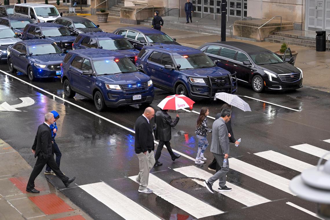 Guests arrived to pay their respects to fallen Kansas City Police Officer James Muhlbauer, 42, and his police K-9, Champ, during a visitation Wednesday, Feb. 22, 2023, at Municipal Auditorium in Kansas City. The officer and K9 were hit and killed when a driver, traveling at a high rate of speed, allegedly ran a red light at Benton Boulevard and E. Truman Road and plowed into the officer’s patrol car on Wednesday, Feb. 15, 2023.