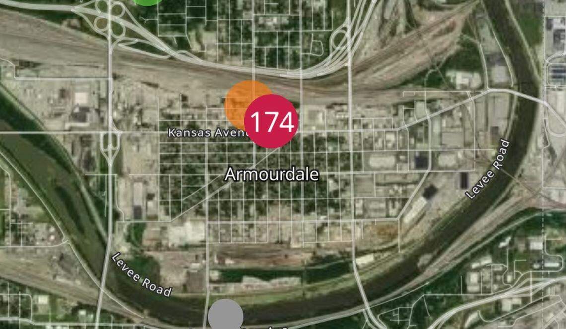 A screenshot provided by CleanAirNow shows elevated levels of particulate matter 2.5 near the location of a fire at a recycling plant in Kansas City, Kansas.