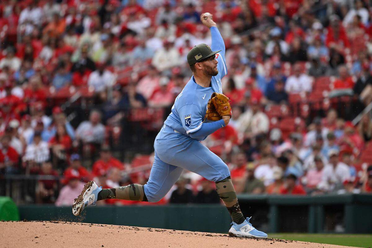Royals starting pitcher Noah Cameron works against the Cardinals during the first inning of a game at Busch Stadium in St. Louis on Saturday, May 16, 2026.