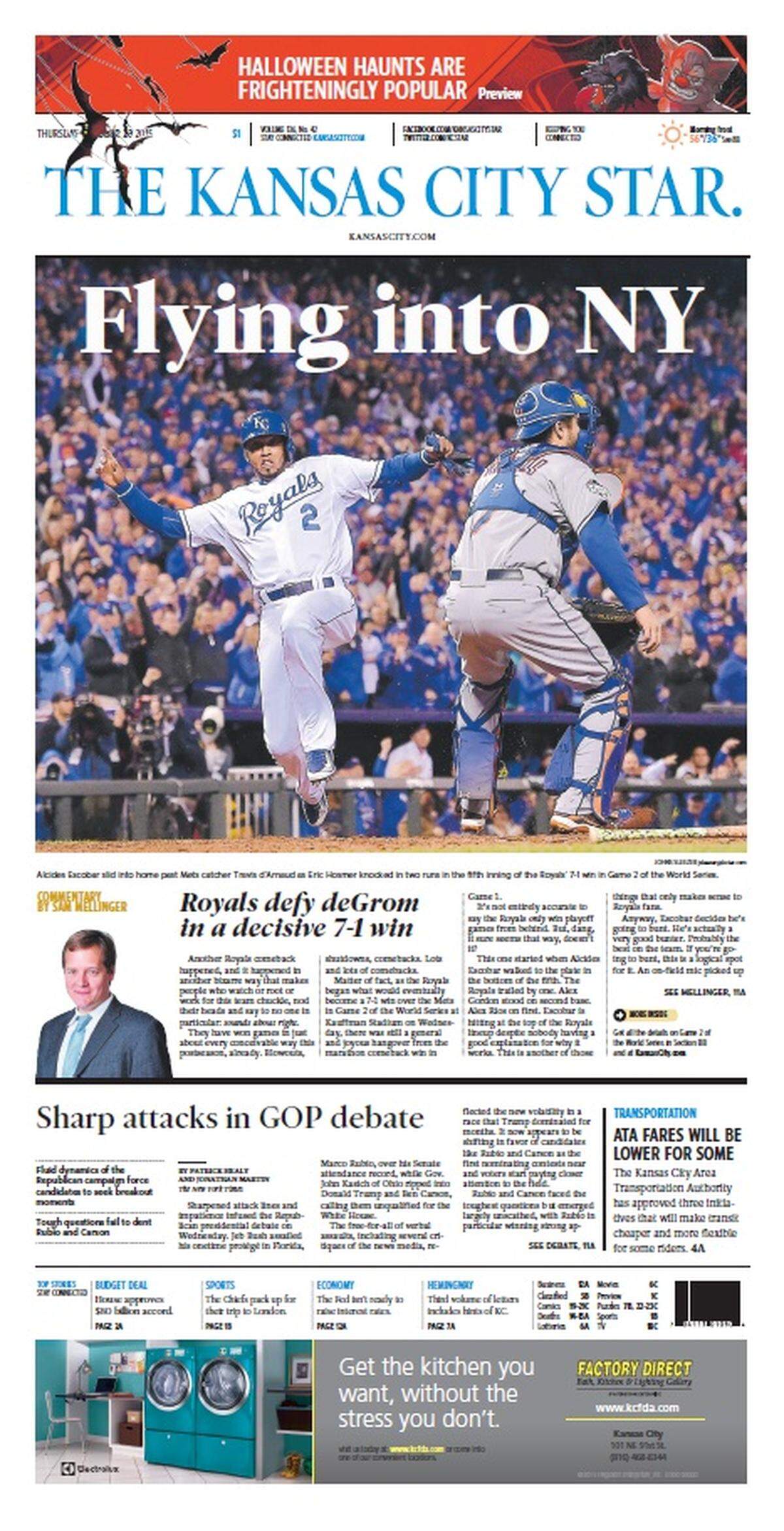 The front page of The Kansas City Star the day after the Royals beat the Mets in Game 2 of the World Series on Oct. 28, 2015.
