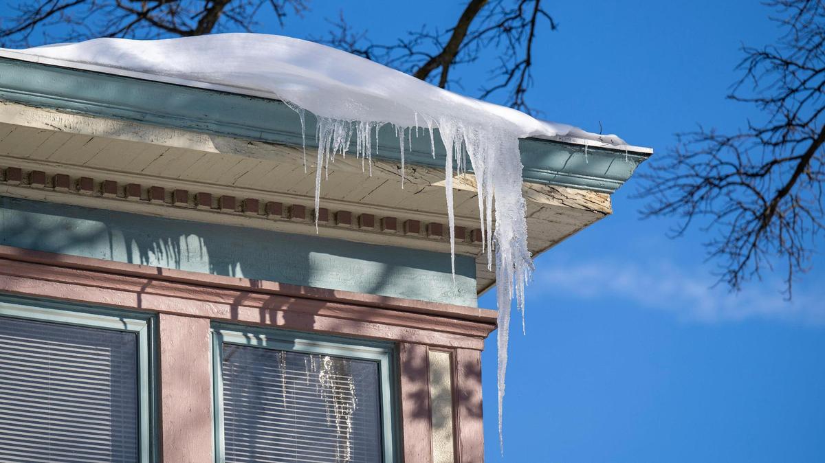 Icicles hang from the corner of a house rooftop on Monday, Jan. 6, 2025, in Kansas City.