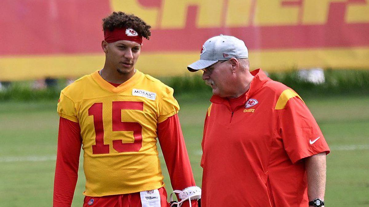 Chiefs quarterback Patrick Mahomes talks with head coach Andy Reid during training camp on Friday, July 29, 2022 at Missouri Western State University, in St. Joseph, Missouri.