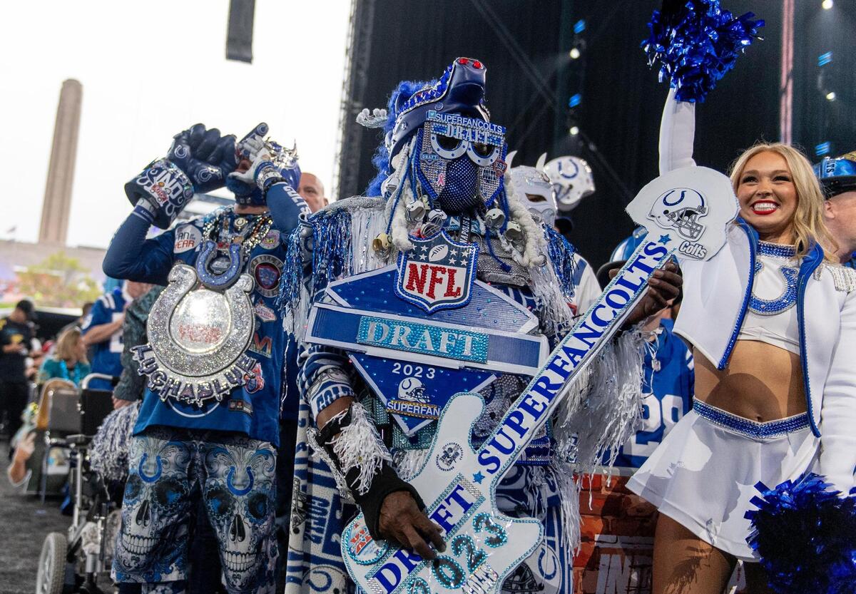 Indianapolis Colts fans cheer during the second round of the NFL Draft outside of Union Station on Friday, April 28, 2023, in Kansas City.