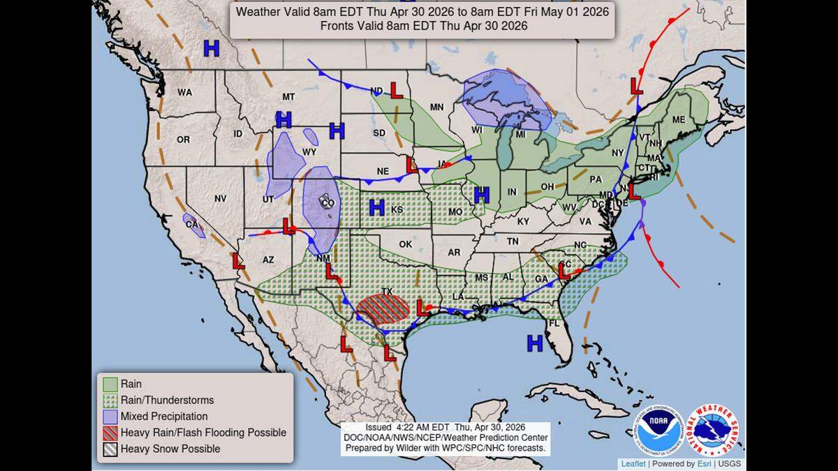Scattered rain showers and maybe a few isolated thunderstorms are in the forecast Thursday for the Kansas City metro, according to the National Weather Service. Unlike earlier in the week, these storms are not expected to be severe.