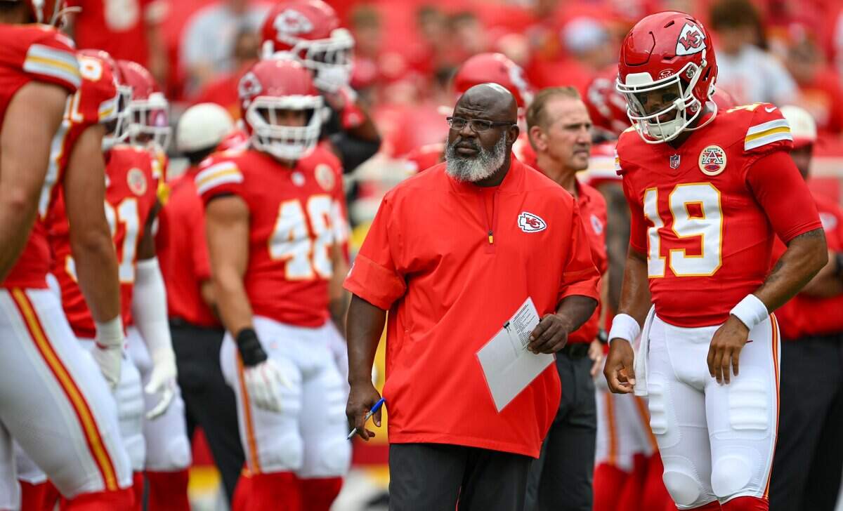 Kansas City Chiefs offensive coordinator Eric Bieniemy is back with the team for their first preseason game against the Los Angeles Rams at Arrowhead Stadium in Kansas City on Aug. 15, 2026. Bieniemy spent time away from the team dealing with a family tragedy in the early weeks of training camp.