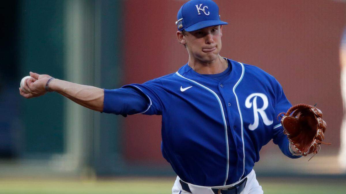 Kansas City Royals’ Bobby Witt Jr. throws during an intrasquad baseball game at Kauffman Stadium Wednesday, July 8, 2020, in Kansas City, Mo. (AP Photo/Charlie Riedel)