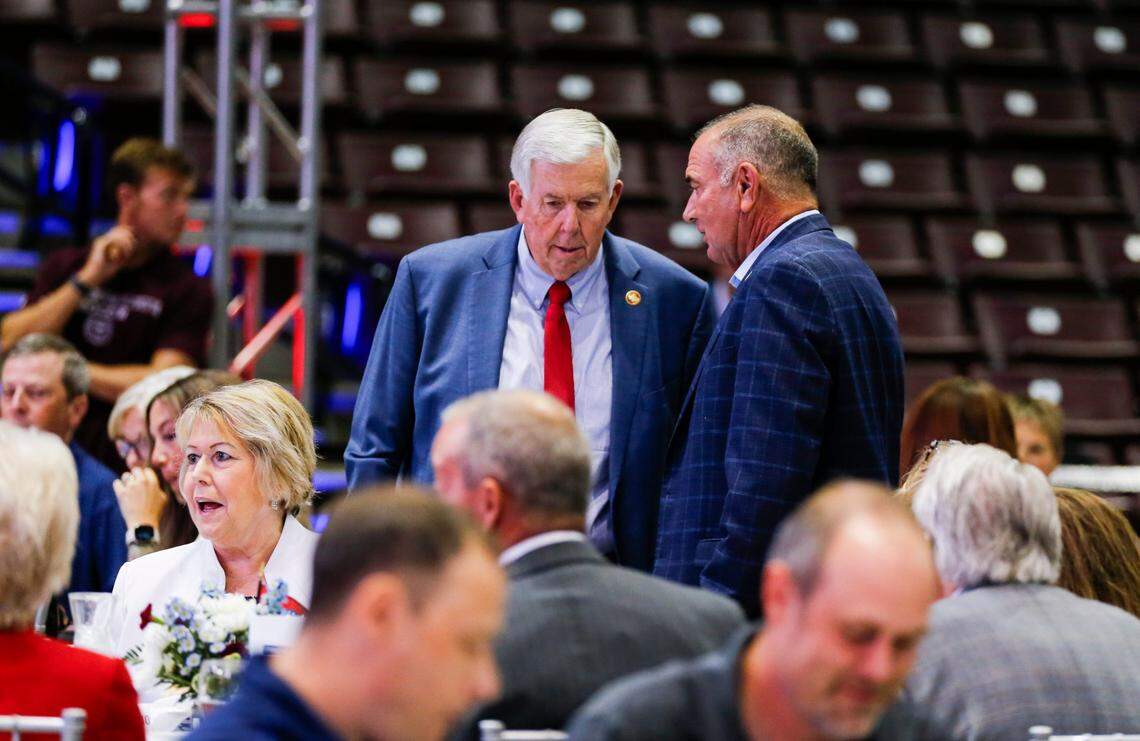Missouri Gov. Mike Parson, left, and Gov-elect Mike Kehoe in Springfield in July 2024.