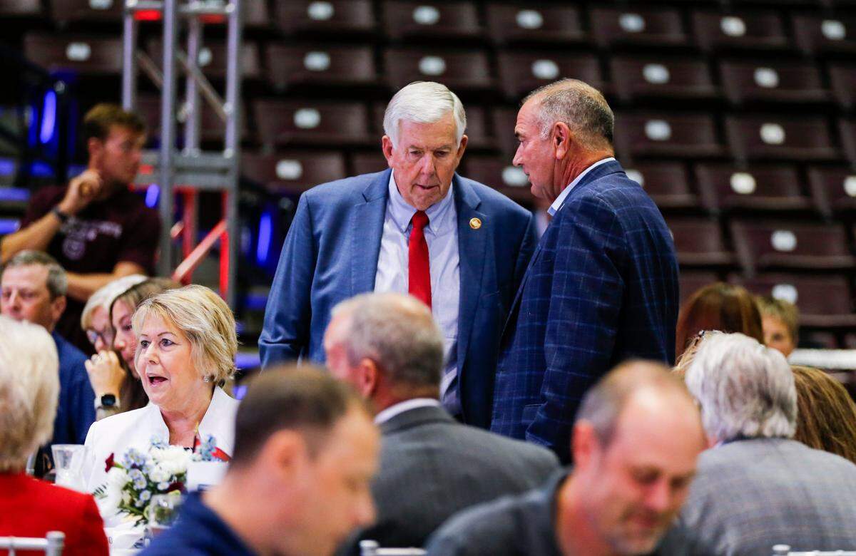 Missouri Gov. Mike Parson, left, and Gov-elect Mike Kehoe in Springfield in July 2024.