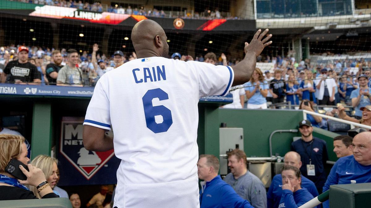 Former Kansas City Royals center fielder Lorenzo Cain waves to fans after a retirement ceremony at Kauffman Stadium on Saturday, May 6, 2023, in Kansas City. Cain signed a ceremonial one-day contract to retire as a Royal.