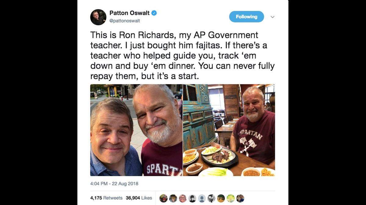 Comedian Patton Oswalt tweeted a photo of himself with his old AP government teacher on Wednesday. He encouraged his followers to track down a teacher “who helped guide you” and treat them to dinner.