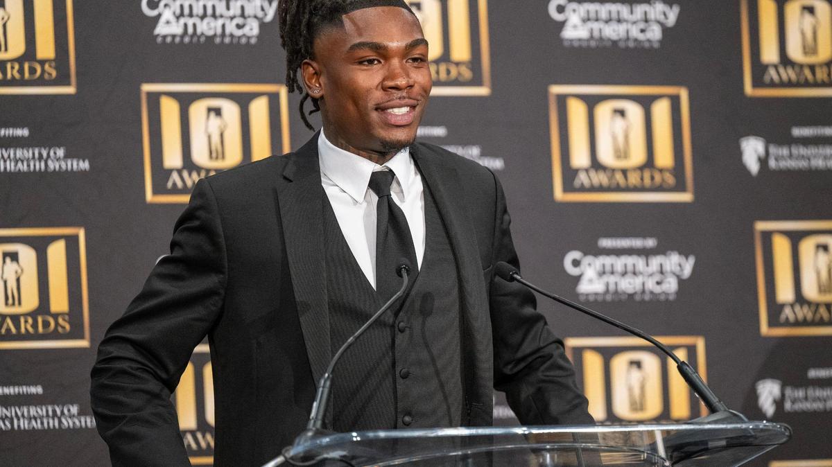 Kansas City Chiefs wide receiver Rashee Rice delivers a brief speech upon receiving the Mack Lee Hill Award during the 101 Awards ceremony at the Loews Hotel on Friday, March 22, 2024, in Kansas City.