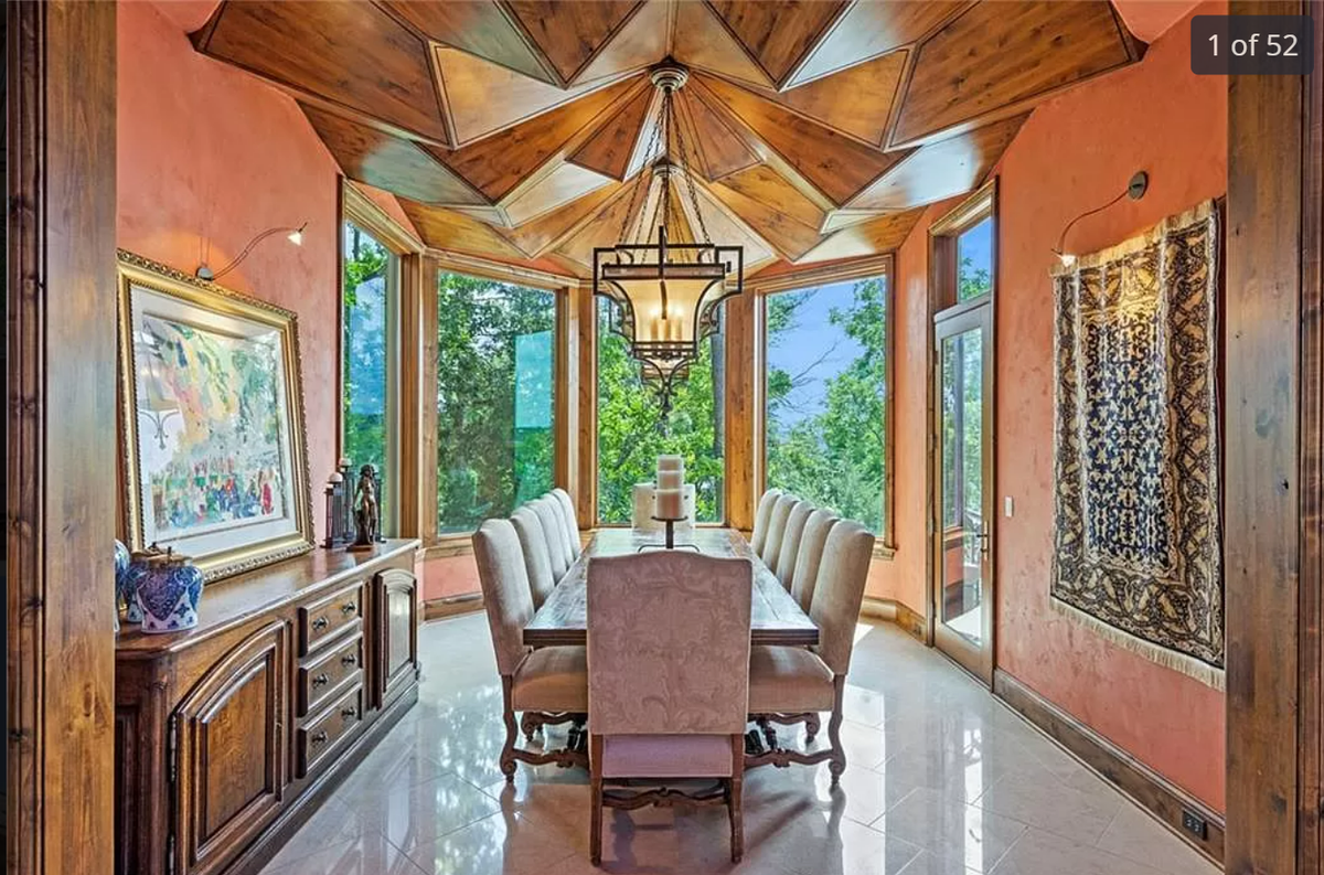 A unique architectural wooden ceiling is seen in the dining room of the home at 472 N. Winnebago Drive.