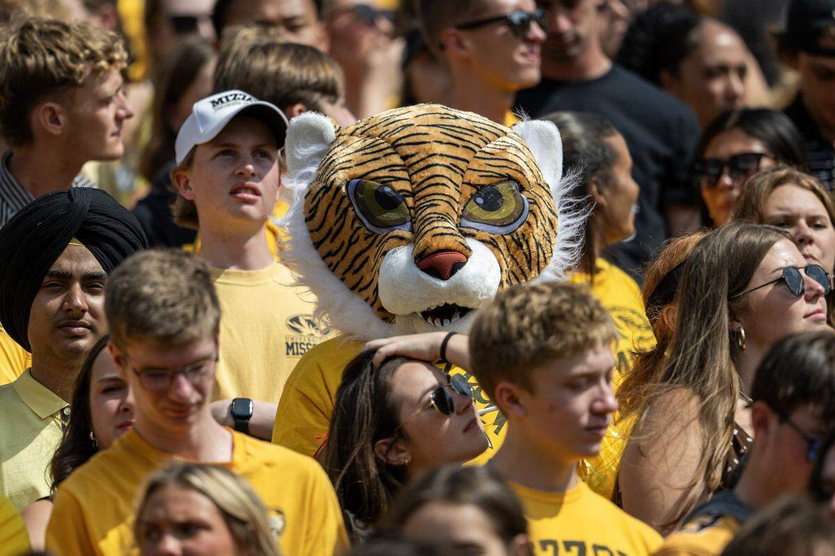 A person wearing a Missouri Tigers mascot head is seen in the stands during a game against the Kansas Jayhawks at Faurot Field at Memorial Stadium on Saturday, Sept. 6, 2025, in Columbia.