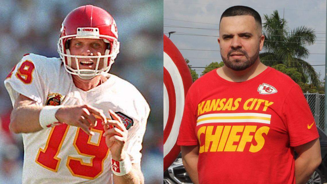 Christopher Perez, right, has been a Kansas City Chiefs fan since he was a kid growing up in Miami. He’s never been to Kansas City. He became a fan when quarterback Joe Montana joined the team in the 1990s.