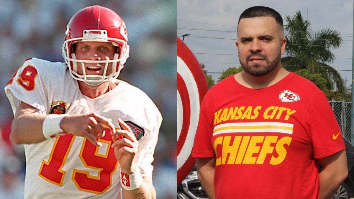 Christopher Perez, right, has been a Kansas City Chiefs fan since he was a kid growing up in Miami. He’s never been to Kansas City. He became a fan when quarterback Joe Montana joined the team in the 1990s.