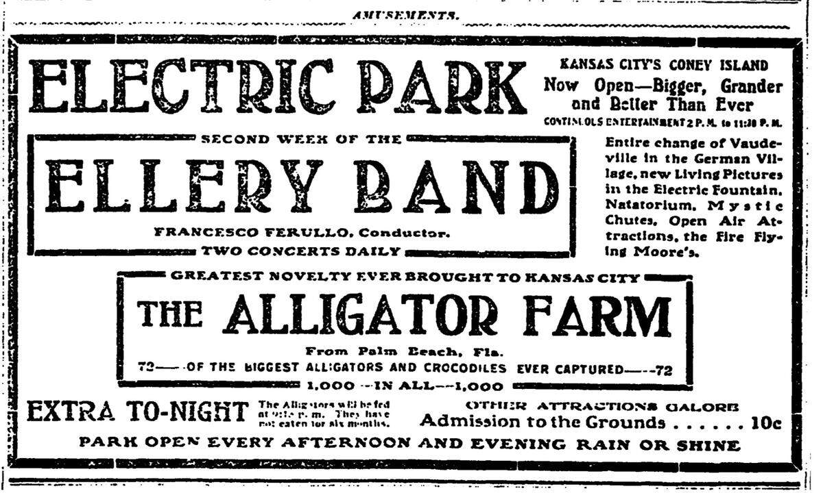 An Electric Park advertisement touts its new Alligator Farm attraction in The Kansas City Star on May 26, 1906.