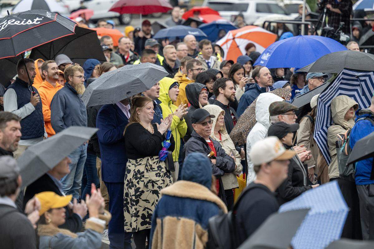 Guests braved the rain to celebrate the grand opening of the KC Streetcar's Main Street Extension on Friday, October 24, 2025, in Kansas City.