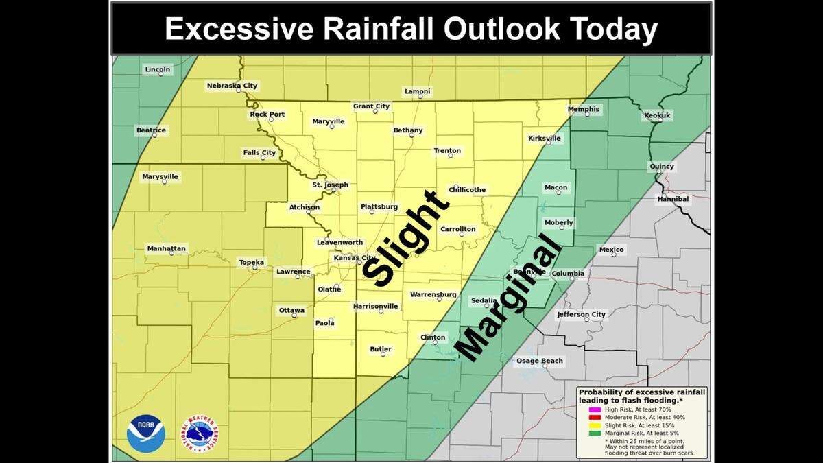 The Kansas City area, as well parts of Kansas and Missouri, are at a slight risk of excessive rainfall as strong storms move through the area on Thursday, according to the National Weather Service.