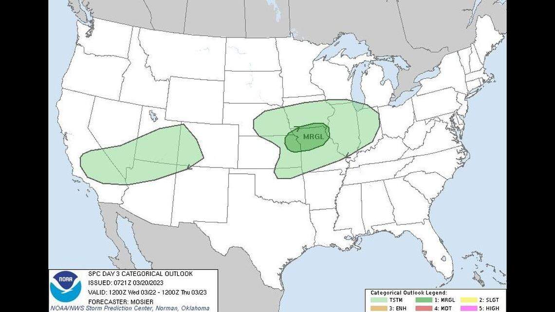 The National Weather Service’s Storm Prediction Center has placed the Kansas City area, as well as northeast Kansas and northern Missouri, under a marginal risk of severe thunderstorms on Wednesday, the lowest ranking on its scale of severe thunderstorms.