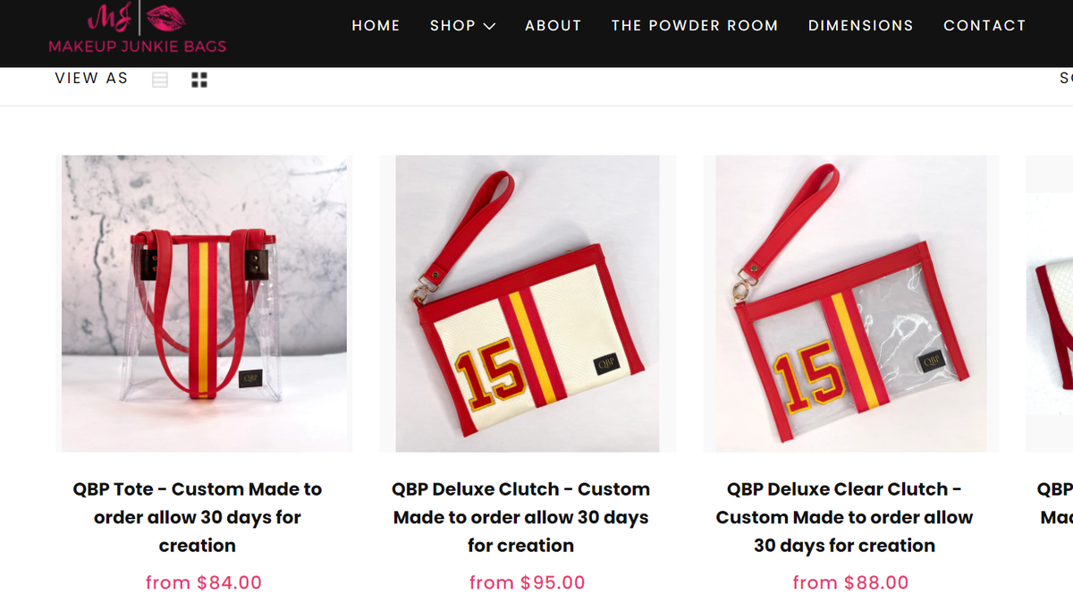 Screenshot from Makeup Junkie Bags, which is selling the Quarter Back Producer bags by Randi Mahomes.