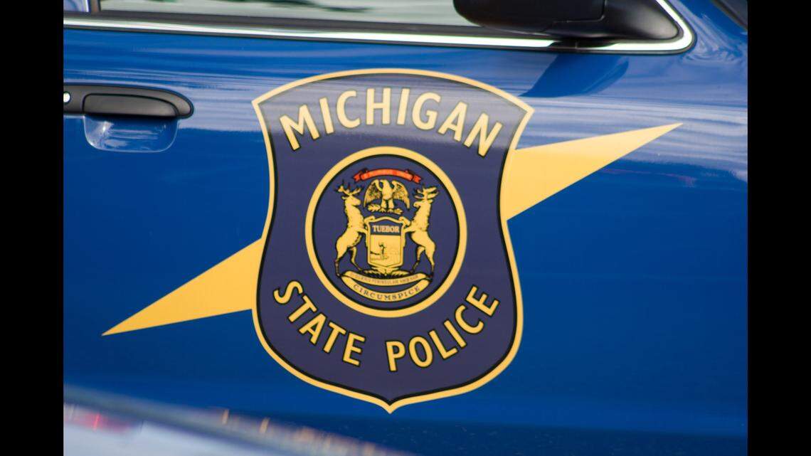 This file photo shows the Michigan State Police shield on a patrol vehicle.
