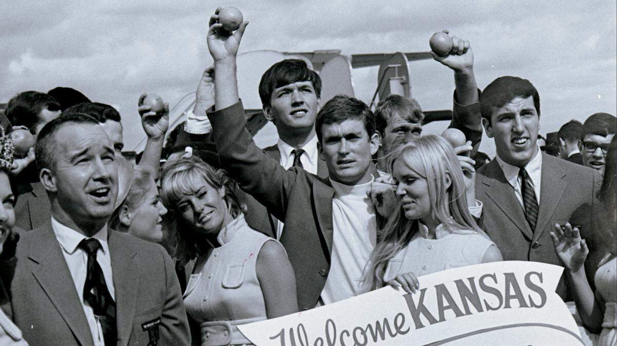 Pepper Rodgers (far left) coached the Kansas Jayhawks to the 1969 Orange Bowl. Kansas ended up losing to Penn State 15-14 back in 1969 in what came to be known as the 12th-man game.