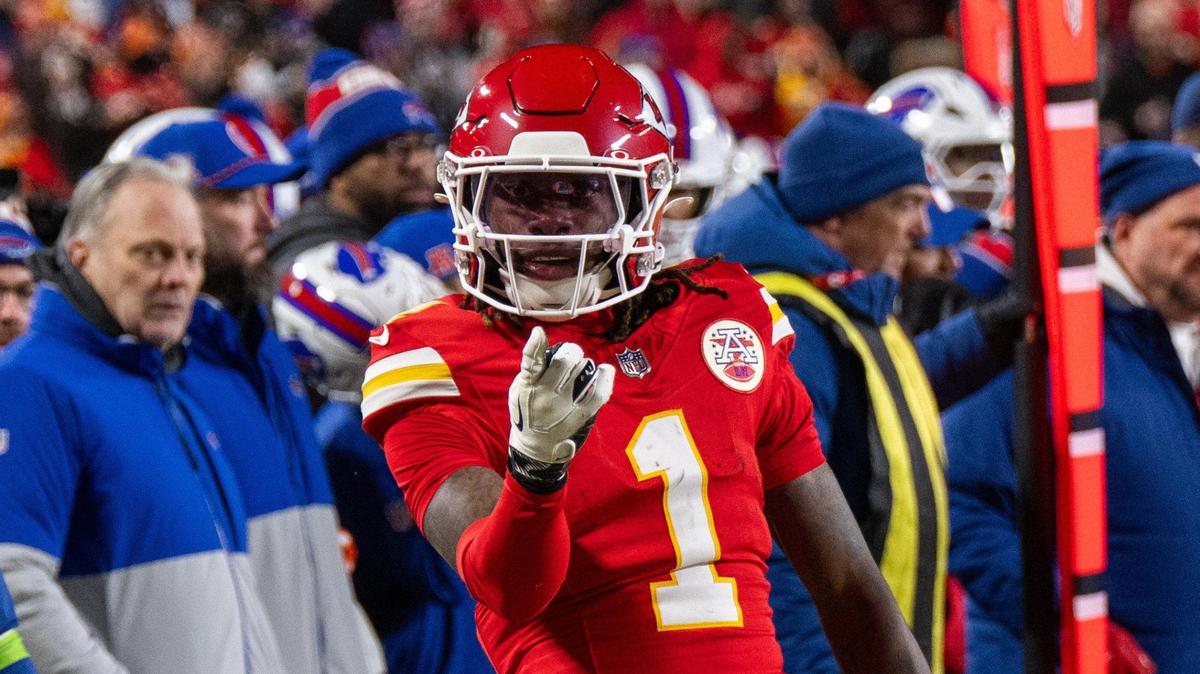 Kansas City Chiefs wide receiver Xavier Worthy celebrates after a big catch in the AFC Championship Game on Sunday, Jan. 26, 2025, at GEHA Field at Arrowhead Stadium.