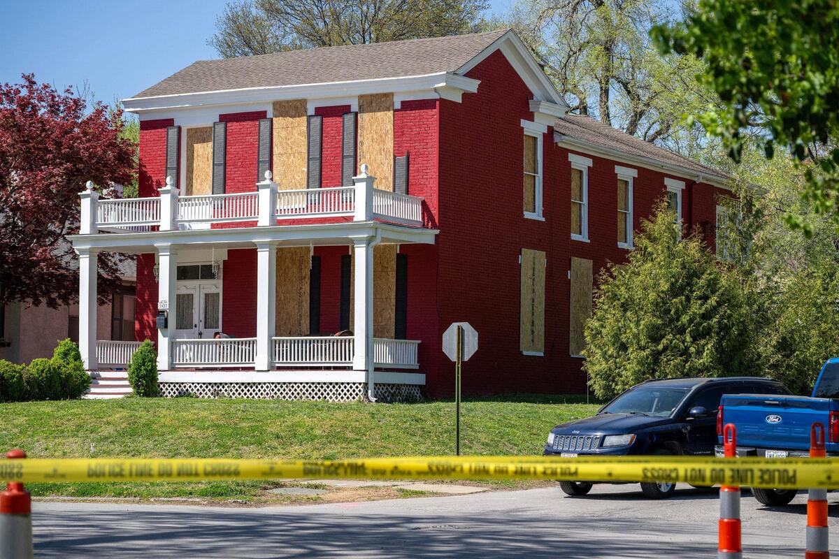 The windows of a home on Franklin Avenue remained boarded on Tuesday, April 15 in Lexington, Missouri. Eighteen windows were shattered from a nearby gas line explosion on April 9, 2025.