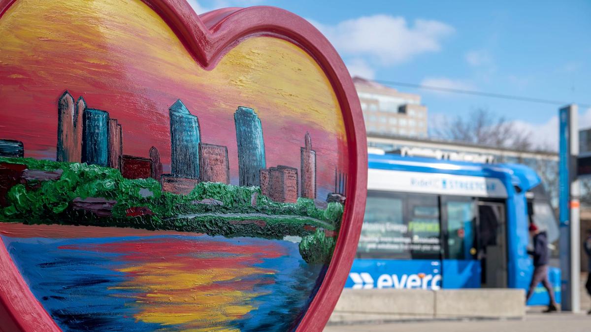 A heart called “Home” created by artist Tracy Kapperman is displayed in front of Union Station on Monday, March 7, 2022. The heart artworks, 154 of them, were made by 123 local artists and will be installed throughout the metro in the coming days.