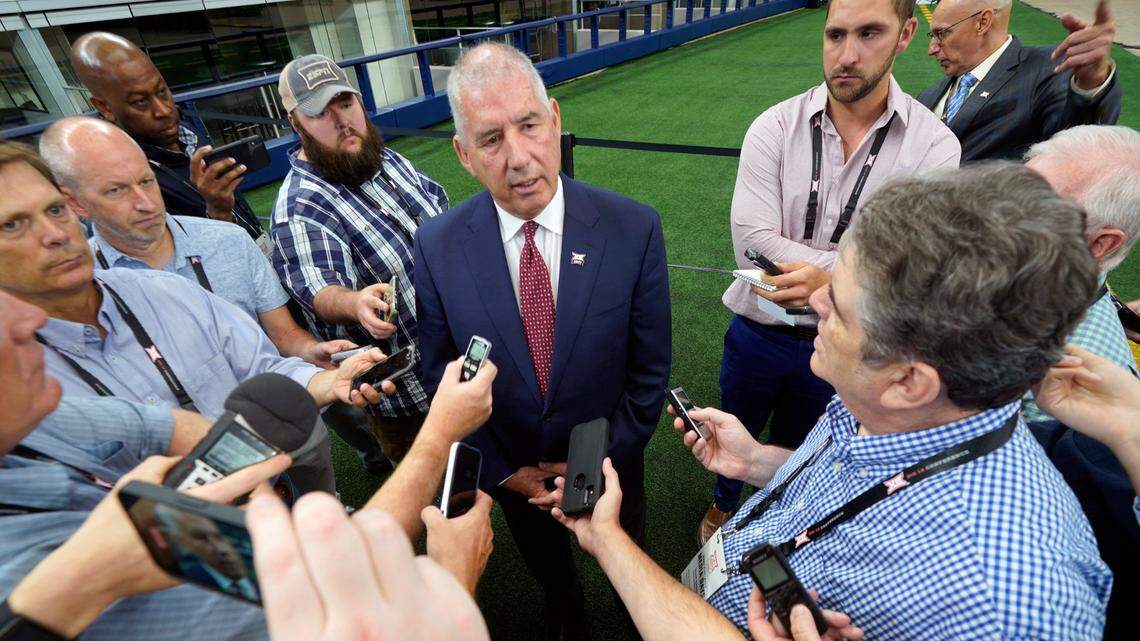 Big 12 commissioner Bob Bowlsby speaks to reporters during Day 1 of Big 12 Media Days on Wednesday, July 14, 2021, in Arlington, Texas.